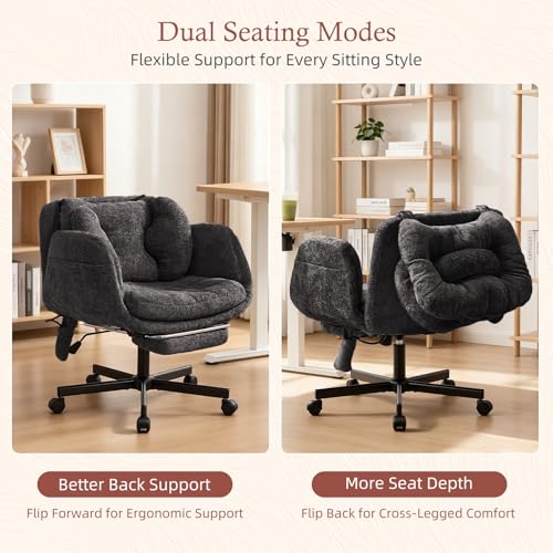 Criss Cross Office Chair with Footrest and 5-Gear Adjustable Arms, Black | Wide seat cross-legged desk chair, flip lumbar pillow, airbag support, chenille fabric, for home office vanity and meditation - color: Black-chenille