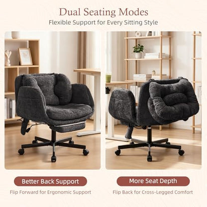 Criss Cross Office Chair with Footrest and 5-Gear Adjustable Arms, Black | Wide seat cross-legged desk chair, flip lumbar pillow, airbag support, chenille fabric, for home office vanity and meditation - color: Black-chenille