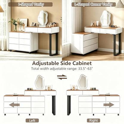 KDCAS White Vanity Desk with LED Lighted Mirror, Extendable Makeup Vanity Table with Walnut-Grain Top & Reversible Side Cabinet, L-Shaped Corner Vanity Desk for Bedroom, Home Office