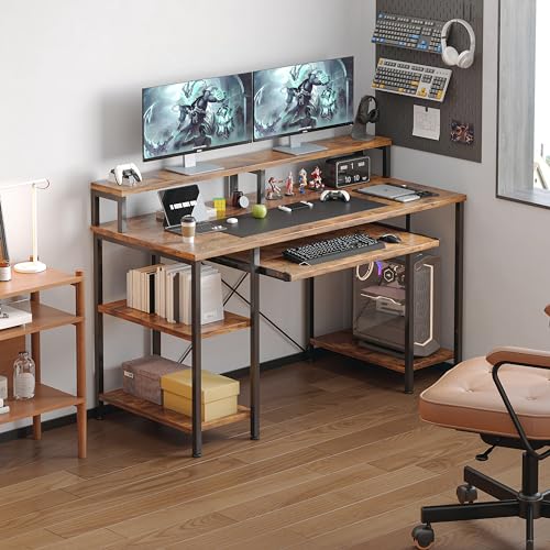 VERMESS 48Inch Computer Desk, Home Office Desks with Keyboard Tray, Gaming Desk with CPU Stand Shelf,Industrial Study Table Wide Writing Desk with Storage Shelves for 2 Monitors, Rustic Brown - color: Rustic Brown