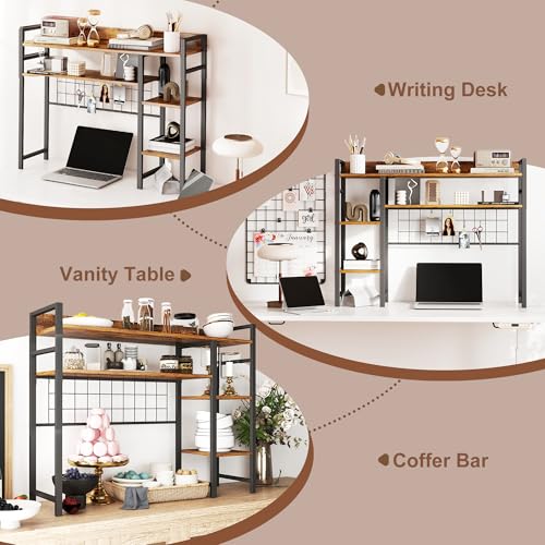 WAYTRIM Desk Shelf, Wood Desk Organizer Shelf 4 Tier Countertop Desktop Bookshelf Cubicle Storage Rack Top of Desk, Desk Hutch Dorm for Top of Desk Pegboard Hooks Set Desktop Display Rack (Brown) - style: 4-Tire