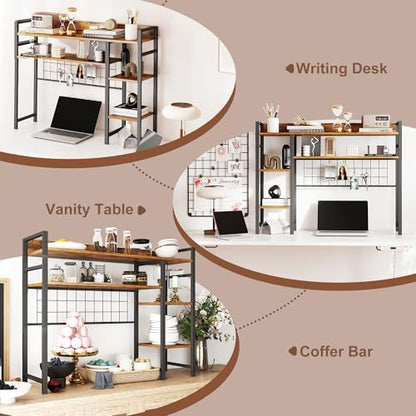 WAYTRIM Desk Shelf, Wood Desk Organizer Shelf 4 Tier Countertop Desktop Bookshelf Cubicle Storage Rack Top of Desk, Desk Hutch Dorm for Top of Desk Pegboard Hooks Set Desktop Display Rack (Brown) - style: 4-Tire