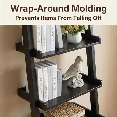 5 Tier Ladder Bookshelf, Black Leaning Bookcase for Home | Layered shelves with raised side lips help style books, plants, baskets, and decor in living rooms, bedrooms, or offices.