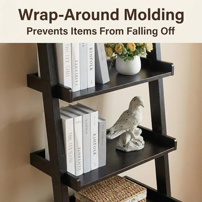 5 Tier Ladder Bookshelf, Black Leaning Bookcase for Home | Layered shelves with raised side lips help style books, plants, baskets, and decor in living rooms, bedrooms, or offices.