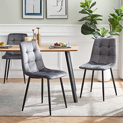 Homedot Grey Velvet Chair Set of 6,Mid-Century Modern Dining Chair Upholstered Living Chair Tufted Reception Chair with Solid Black Metal Legs for Bedroom,Dining Room,Kitchen - color: Grey, size: 6*Chair