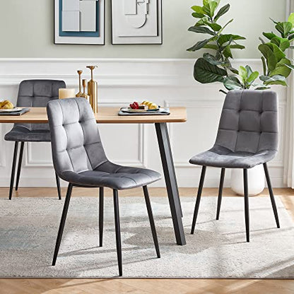 Homedot Grey Velvet Chair Set of 6,Mid-Century Modern Dining Chair Upholstered Living Chair Tufted Reception Chair with Solid Black Metal Legs for Bedroom,Dining Room,Kitchen - color: Grey, size: 6*Chair