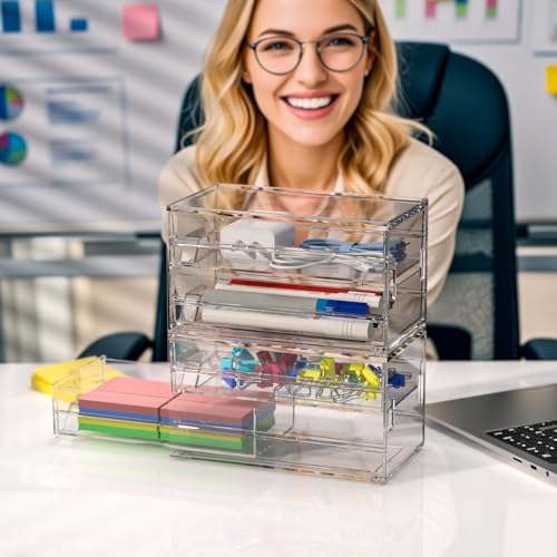 Clear Acrylic Desktop Organizer Drawers - Stackable Plastic Storage for Makeup, Craft Supplies, and Office Stationery - Transparent Vanity Cabinet & Aesthetic Desk Declutter Unit (Pack of 2) - size: 4.4” L x 8”W x 2” H (Pack of 2)