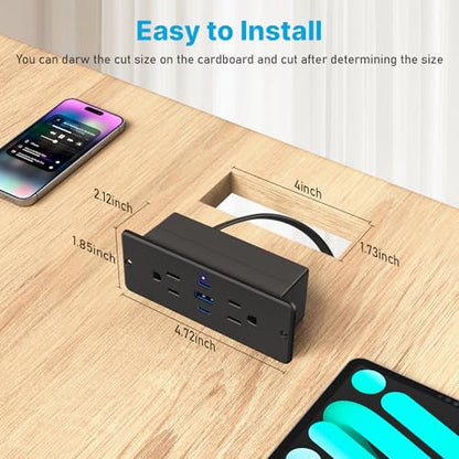 CCCEI Recessed Power Strip with Outlet and 65W USB C Ports, Furniture Flush Mount Power Strip, Small Desk Hidden Outlet for Conference Table, Nightstand, Black, 6FT. - size: 6FT, style: 65W_USB-C