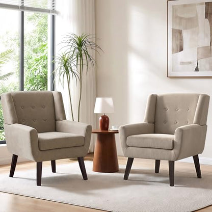 HUIMO Living Room Chairs Set of 2,Upholstered Button Linen Accent Chair | Mid Century Fabric Modern Armchair,Comfy Arm Club Sofa Chairs for Living Room Reading Bedroom,Waiting Room Khaki 2PCS - color: Khaki