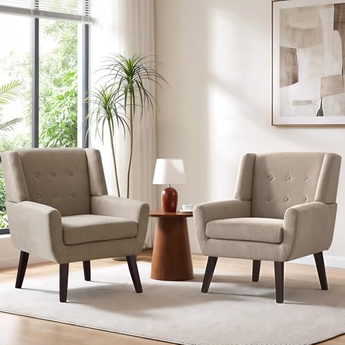 HUIMO Living Room Chairs Set of 2,Upholstered Button Linen Accent Chair | Mid Century Fabric Modern Armchair,Comfy Arm Club Sofa Chairs for Living Room Reading Bedroom,Waiting Room Khaki 2PCS - color: Khaki