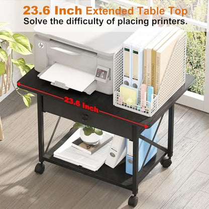 EasyCom Large Printer Stand with Fabric Storage Drawer and Locking Wheels - color: Black, size: Large