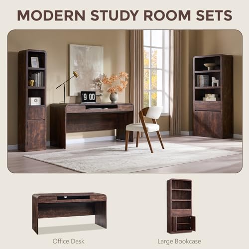 72" Tall Modern Bookshelf with Doors, 5-Tier Large Bookcase w/Drawer, Wooden Storage Cabinet w/Adjustable Shelves, Versatile Book Shelf w/Curved Profile Design for Living Room, Office, Brown - color: Brown