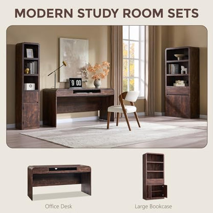 72" Tall Modern Bookshelf with Doors, 5-Tier Large Bookcase w/Drawer, Wooden Storage Cabinet w/Adjustable Shelves, Versatile Book Shelf w/Curved Profile Design for Living Room, Office, Brown - color: Brown