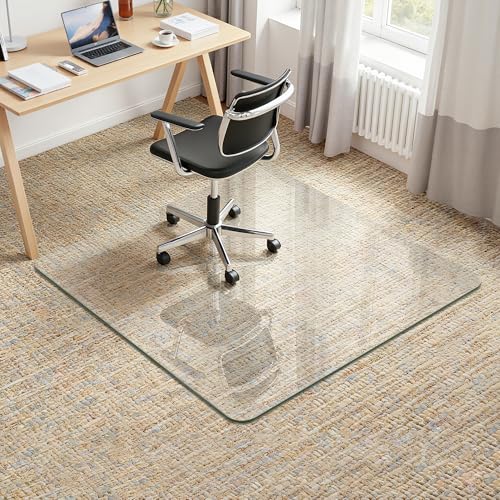 45" x 45" Glass Chair Mat for Carpet, 0.2" Thick Office Chair Mat | Heavy-Duty Tempered Glass With Crystal Clear Surface, Polished Rounded Edges Resists Scratches And Cracks For Smooth Rolling - size: 45" x 45"