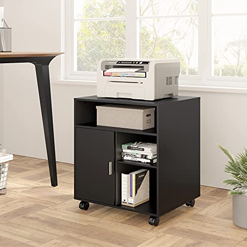 FITUEYES Mobile Wood Printer Stand with Cabinet & Adjustable Shelves, Black