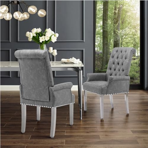 PU Leather Dining Chairs with Arms, Upholstered Dining Room Chairs, Grey | Upholstered, High Back, Tufted, Luxurious, Stainless Steel Leg, for Kitchen & Dining Room - color: Pu, size: 1 PCS