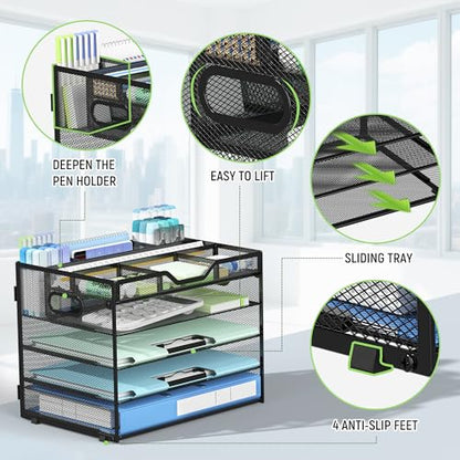 Docnest 5 Tier Mesh Desk Organizer with Removable Tray&Pen Holder, Black - color: Black, size: 12.6"x9.1"x10.3"