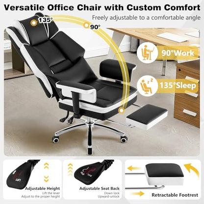 Heavy Duty Office Chair with Footrest High Back, PU Leather Office Chair with with Adjustable Lumbar Support, Reclining Computer Desk Chair with Adjustable Height, Adjustable Armrests, Black White - color: Black&white
