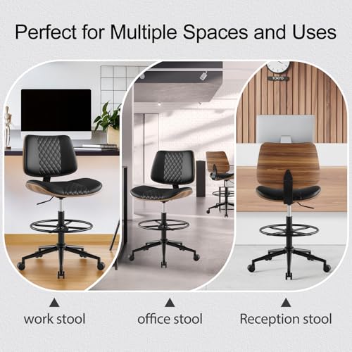 Drafting Chair with Adjustable Footrest, Rolling Walnut Stool, Black - color: Black