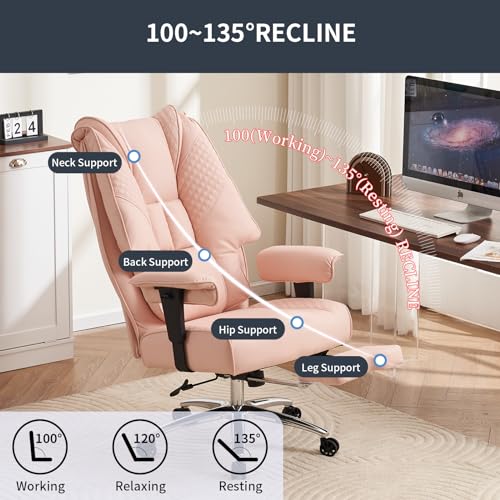 EXCEBET Big and Tall Office Chair 400lbs Wide Seat, Leather High Back Executive Office Chair with Foot Rest, Ergonomic Chairs Lumbar Support for Lower Back Pain Relief (Light Pink) - color: Light Pink
