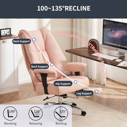 EXCEBET Big and Tall Office Chair 400lbs Wide Seat, Leather High Back Executive Office Chair with Foot Rest, Ergonomic Chairs Lumbar Support for Lower Back Pain Relief (Light Pink) - color: Light Pink