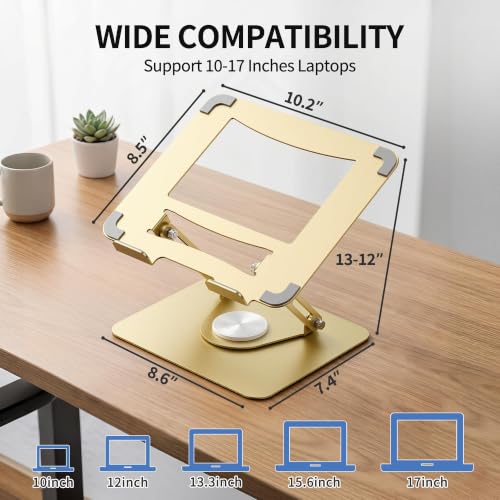 ALASHI Laptop Stand for Desk with 360° Rotating Base, Multi-Angle Adjustable Laptop Stands, Foldable Laptop Riser Compatible with 10 to 17 Inches PC Computer, Gold - color: Gold