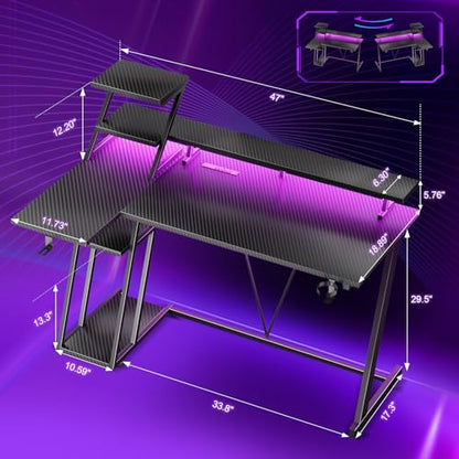 Korfile 47 Inch Gaming Desk with LED Lights & Power Outlet, L Shaped Computer Desk with Storage Shelves, Gamer Workstations with Monitor Stand for Bedroom, Carbon Fiber Black | L Shaped Computer Desk, Gamer Workstations, Storage Shelves, Monitor Stand, fo
