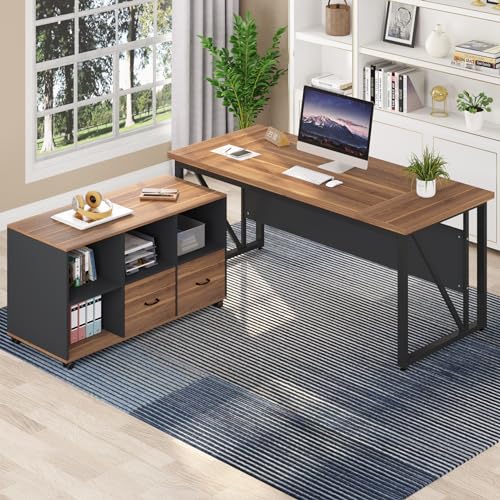 Tribesigns 63-Inch Executive Desk with 47-Inch Mobile File Cabinet, Large Home Office Desk with Drawers and Storage Shelves, L-Shaped Computer Desk Workstation Business Furniture, Walnut & Gray - color: Walnut & Gray, size: 63