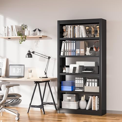 5 Tier Metal Bookshelf,69'' Tall Heavy Duty Bookcase with Adjustable Shelves,Black Large Modern Bookshelves,Industrial Open Bookcases for Library,Office,Study Room,Living Room - color: Black, size: 69" New