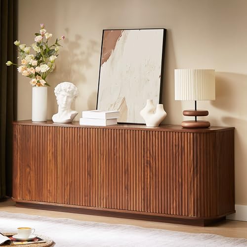 64" Buffet Sideboard Cabinet with Storage, Modern Fluted Accent Credenza with Adjustable Shelves, Wood TV Console Stand 4 Doors, Sideboards for Office Living Room Hallway Kitchen, Walnut - color: Walnut-4 Doors