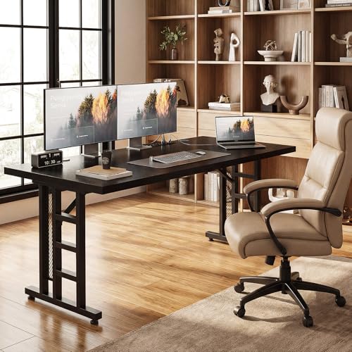 OffiGo 71 Inch Executive Computer Desk with Outlets, Black - color: Black, size: 71 Inch