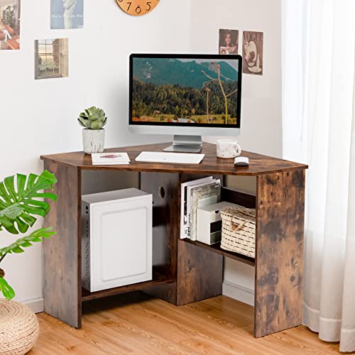 Tangkula Compact Corner Desk, Space Saving Study Table, Brown - color: Rustic Brown, size: 33.5"D x 33.5"W x 29"H