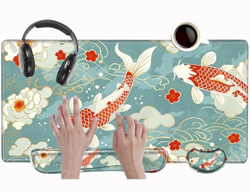 Koi Fish Desk Mat Set Carp Mousepad Gaming Mouse Pad and Keyborad Wrist Rest XXL Desk Pad 31.5" x 15.75" Computer Mat Large Mouse Pads with Wrist Support - color: Koi Fish