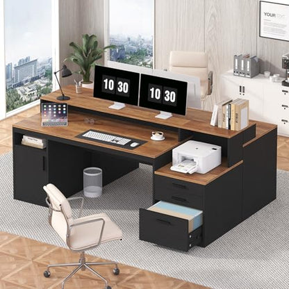 YOMILUVE Computer Desk with 3 Drawers & Storage Shelves, 65 Inch Home Office Desk with File Drawer & Cabinet, Writing Study Desks with Monitor Stand & Printer Shelf, Executive Desk, Brown and Black - color: Brown and Black