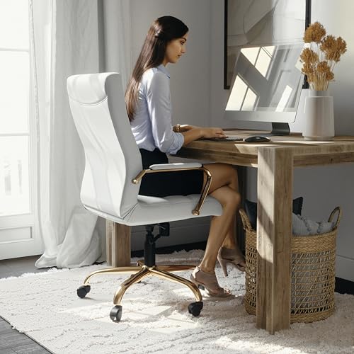 Flash Furniture High Back White LeatherSoft Executive Swivel Office Chair with Gold Frame and Arms - color: White Leathersoft/Gold Frame