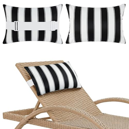 Outdoor Lounge Chair Headrest Pillow 16x11 Inch, Black Striped Waterproof Lumbar Pillows with Insert Adjustable Elastic Strap, Neck Attachment for Recliner Patio Beach Pool Office, 2 Pack - color: Black Striped