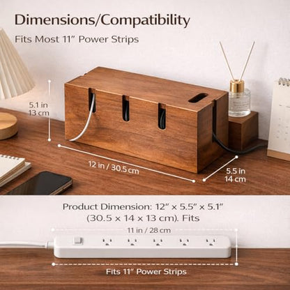 Large Acacia Wood Cable Management Box for Power Strips - color: Natural Brown