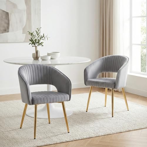 Modern Velvet Dining Chairs Set of 2, Upholstered Gold Dining Room Chairs with Hollow Back and Gold Legs, Accent Armrest Kitchen Chairs for Living Room Reception Grey - color: Grey