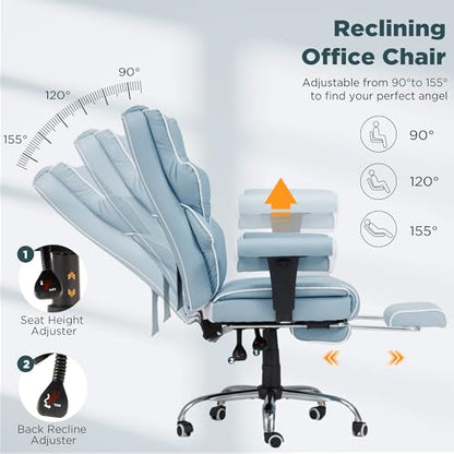 Ergonomic Executive Office Chair with 6-Point Vibration & Heat - Reclining Managerial Chair with Adjustable Footrest and Armrests,Big and Tall Leather Home Office Desk Chairs(Airy Blue) - color: Airy Blue
