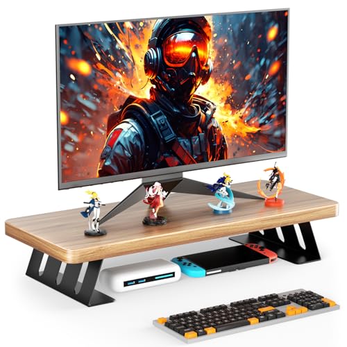 Monitor Stand - 24 Inch Wood Monitor Stand Riser, 220 Pounds Load Capacity Desk Monitor Riser for Laptop/PC/Printer, Desktop Stands Organizer for Home Office - color: Light Walnut - Black Legs
