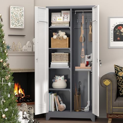 Metal Storage Cabinets with Doors and Shelves,Tall Broom Closet Storage Cabinet with Pegboard,Utility Tool Cabinets,Steel Locking Cabinets for Home Office,Basement,Laundry,Grey-White - size: 72"H x 31.5"W x 15.74"D-Grey/white