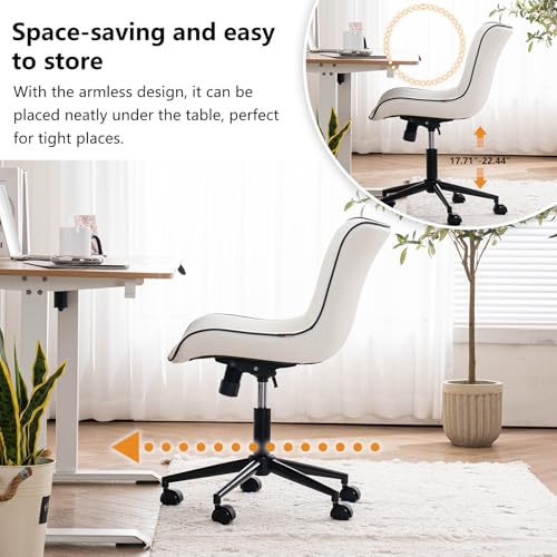YOUNIKE Office Desk Chair with Wheels Armless Vanity Chair Modern White | Faux Leather Upholstered with Rocking Back, Swivel Height Adjustable Small Cute Computer Rolling Task Chair Ergonomic 300lb - color: White, size: Base Black