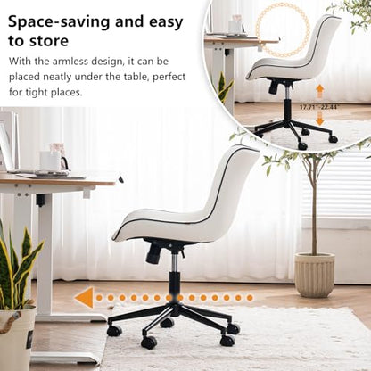 YOUNIKE Office Desk Chair with Wheels Armless Vanity Chair Modern White | Faux Leather Upholstered with Rocking Back, Swivel Height Adjustable Small Cute Computer Rolling Task Chair Ergonomic 300lb - color: White, size: Base Black
