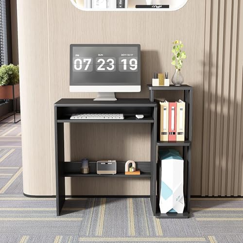 35" Compact Computer Desk with 3-Tier Storage Shelves & Keyboard Tray – Small Study Table for Bedroom or Home Office (Black) - color: Black