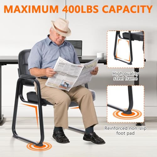 CLATINA Big Tall 400 lbs Waiting Room Chairs with Padded Arms Leather Guest Chair no Wheels for Office Reception Lobby and Conference Desk with Sled Base, Black, 8PK - color: Black-sledbase, size: 8PK