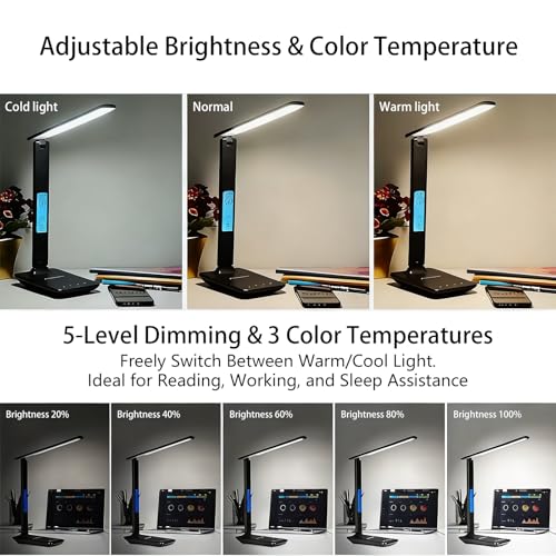 Desk Lamp with Wireless Charger, Table Lamp with USB Port, Eye-Caring Dimmable Touch Control, Clock Display, Adjustable Foldable Arm, 5 Brightness & 3 Color Modes, Home Office Study