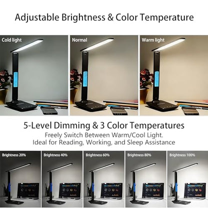 Desk Lamp with Wireless Charger, Table Lamp with USB Port, Eye-Caring Dimmable Touch Control, Clock Display, Adjustable Foldable Arm, 5 Brightness & 3 Color Modes, Home Office Study