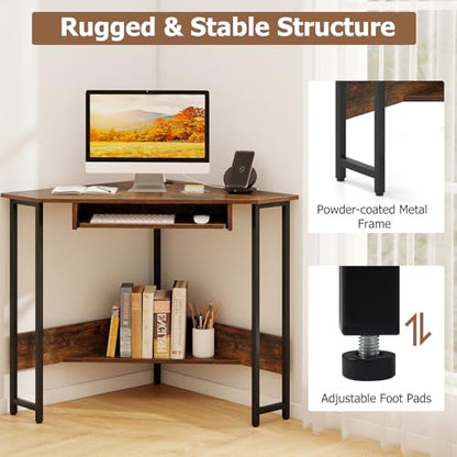 Tangkula Corner Desk with Keyboard Tray, 90-Degree Triangle Corner Computer Desk for Small Space, Industrial Writing Desk with Storage Shelf, Space-Saving Laptop PC Desk (Rustic Brown)