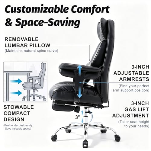 Efomao Executive Office Chair 400lbs, Black Big and Tall Desk Chair | Mattress-grade pocket spring cushion, sleek leather, 135° recline & footrest for computer gaming setup. - color: 3084p-black