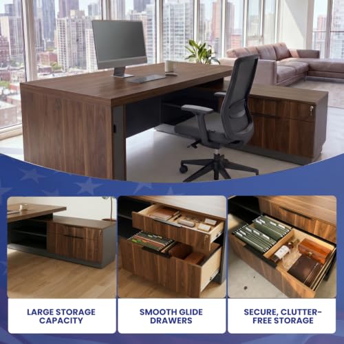 OfficeSimpli L Executive Desk with Drawers, Made in USA, 74x63x30, Walnut - size: 74" x 63" x 30" (Credenza Right)